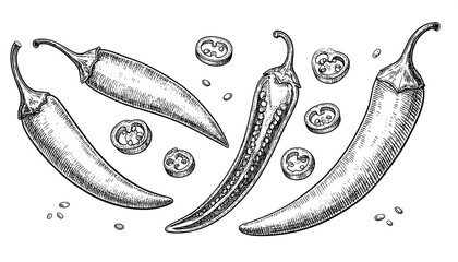 Hand-drawn chili peppers, sliced, scattered