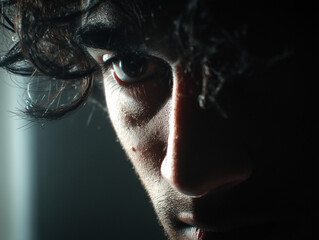 close up portrait of young man with curly hair, showcasing intense expression and dramatic lighting. shadows create mysterious atmosphere, highlighting facial features