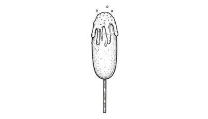 Hand-drawn, detailed illustration of a drizzling corn dog on a stick