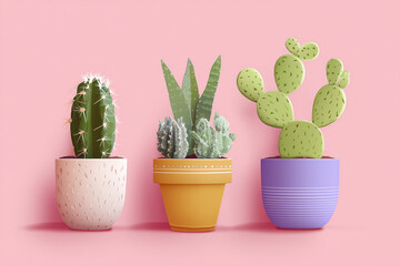 Minimalist illustration of three cacti in colorful pots against pink background, showcasing different shapes and textures, perfect for plant lovers and home decor enthusiasts