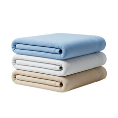 Stack of three neatly folded blankets in pastel blue white and beige colors for cozy comfort