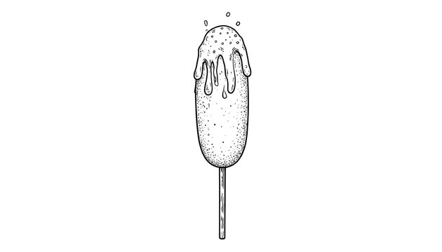 Hand-drawn, detailed illustration of a drizzling corn dog on a stick