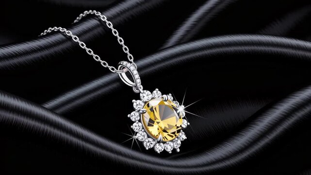 Exquisite silver necklace with a sparkling yellow gemstone pendant surrounded by brilliant white diamonds on black satin