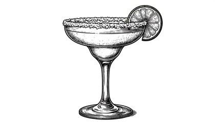 Hand-drawn margarita in a glass, sugared rim, lime wedge