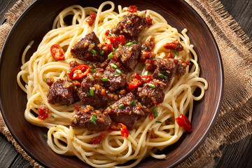 Spaghetti with Beef, Red Peppers and Green Onion