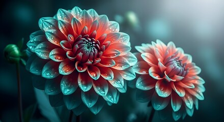 Stunning Dual Dahlias in Teal and Coral Hues with Water Droplets