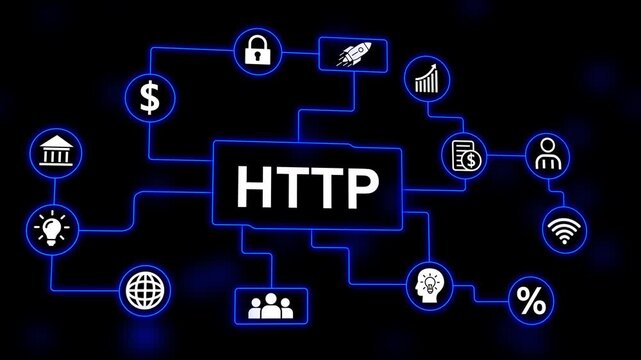 HTP protocol diagram with interconnected icons on a dark background HTTP Hypertext Transfer Protocol