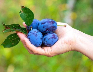 Handful of plums held outdoors