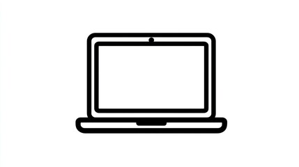 A minimalist, black and white outline illustration of an open laptop