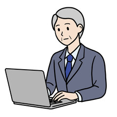 真顔のシニア男性 パソコン作業中