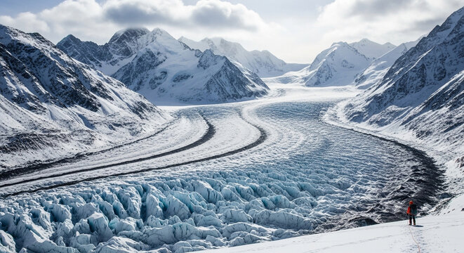 A vast glacier stretches between snowcovered mountains under a cloudy sky, with a small figure adding scale to the immense and icy landscape