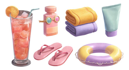 Refreshing Summer Essentials with Drink, Towels, Sunscreen, and Accessories