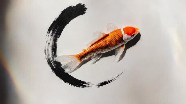 Koi fish swims through a black brushstroke circle on a white background