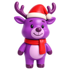 Naklejka premium Cute 3D Purple Christmas Reindeer Wearing Santa Hat and Red Scarf Isolated on Transparent Background