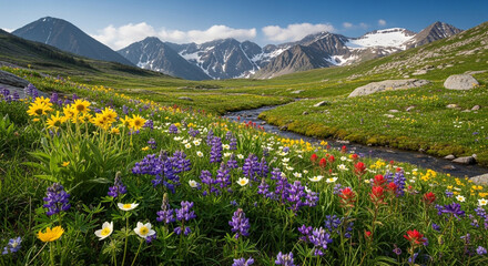 Fototapeta premium A vibrant mountain meadow with wildflowers and a stream, set against snowcapped peaks, creating a colorful and scenic alpine landscape