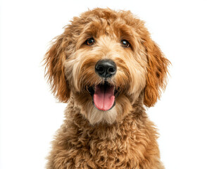 Fototapeta premium Happy and content cute brown golden doodle dog with fluffy fur and joyful expression sits against white background, radiating warmth and friendliness