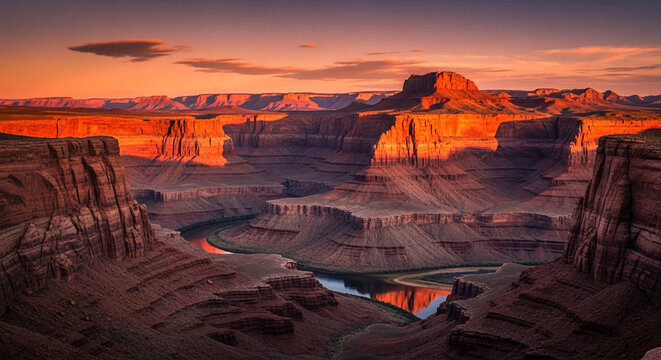 Panoramic vista of the majestic dead horse point state park in utah, showcasing the dramatic canyon landscape and the winding colorado river at sunset, usa - Powered by Adobe