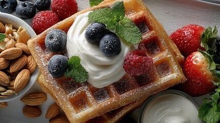 Stacked Waffles Topped with Cream and Berries with Assorted Fruits whipped cream - Powered by Adobe