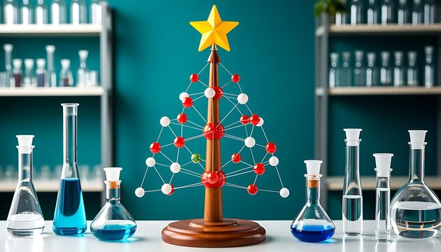 Science lab featuring a festive molecular model Christmas tree, surrounded by beakers and flasks with colorful liquids