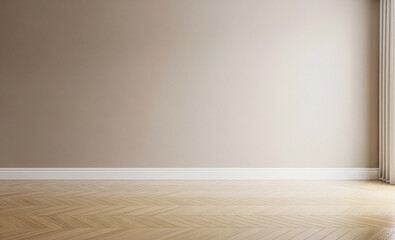 Modern apartment interior with herringbone wood floor and beige wall creates a calm, neutral...