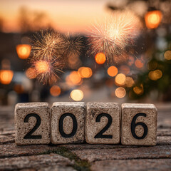 2026 numbers in foreground with fireworks in bokeh lights create festive atmosphere, symbolizing celebration and new beginnings. warm glow of street lamps enhances joyful scene