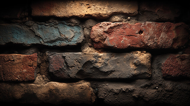 Close-up of weathered red brick wall, warm tones and natural texture evoking rustic charm and history. 