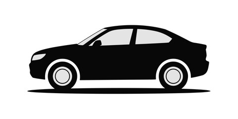 Black sedan car silhouette with grey windows and wheels on white automobile vehicle