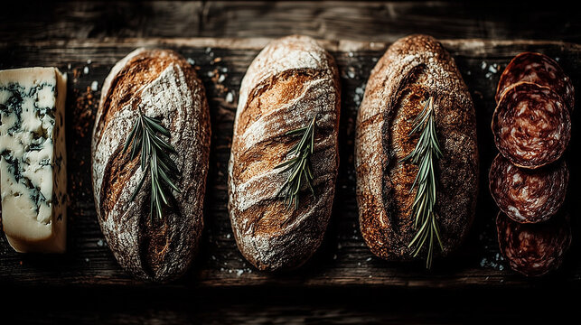 Artfully arranged selection of fine cheeses and cured meats on a rustic wooden board, top-down view. 