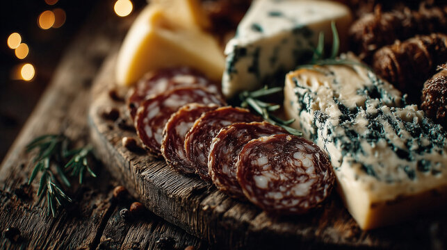 Artfully arranged selection of fine cheeses and cured meats on a rustic wooden board, top-down view.
