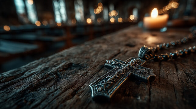 A silver cross necklace on a weathered wooden table lit by warm candlelight. 