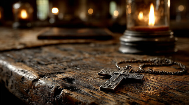 A silver cross necklace on a weathered wooden table lit by warm candlelight. 