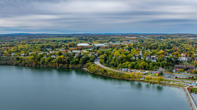 Geneva, NY, USA - October 17, 2025:  Aerial photo over Seneca Lake and the City of Geneva New York
