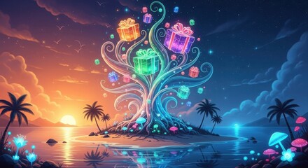 Magical tree with gifts on an island at sunset