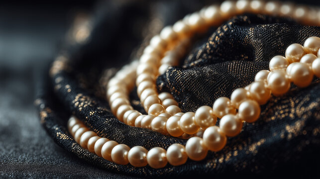 A single strand of pearls arranged in curves on black velvet with soft lighting. 