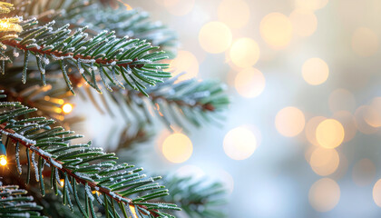 Close-up of a frosted evergreen branch with bokeh lights creating a festive and warm holiday background.
