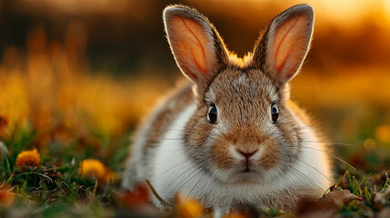Fototapeta premium A fluffy white rabbit rests on a spring meadow, surrounded by blurred green grass and soft natural light. 