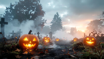 Spooky Halloween scene featuring illuminated jack-o'-lanterns, a graveyard, and eerie fog.