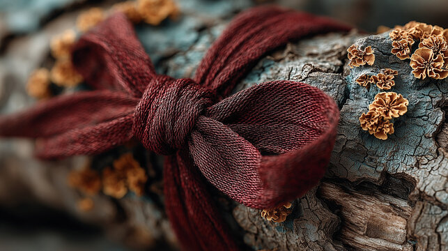Red silk ribbon tied around an old tree branch, close-up on textured bark. 
