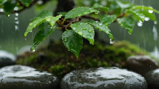 Rain-Kissed Bonsai: Serene Green Leaves and Water Drops