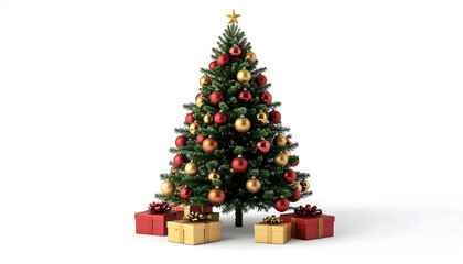 A fully decorated Christmas tree with ornaments and presents, isolated on white background.