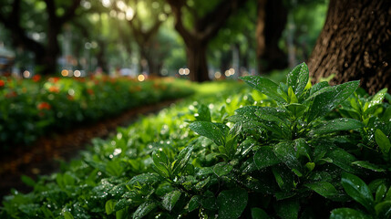 Vibrant spring garden with golden sunlight filtering through trees and glistening dewdrops on lush green grass. 