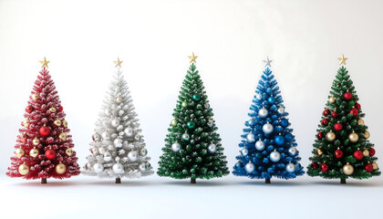 Five colorful decorated Christmas trees standing in a row against a white background.