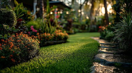 Vibrant spring garden with golden sunlight filtering through trees and glistening dewdrops on lush green grass. 