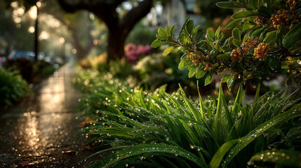 Vibrant spring garden with golden sunlight filtering through trees and glistening dewdrops on lush green grass. 
