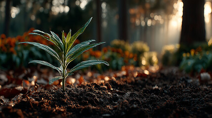 Young sapling emerging from rich soil, sunlight filtering through leaves in a detailed macro view. 