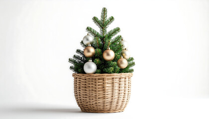 A small Christmas tree decorated with ornaments sits in a woven basket against a white background.