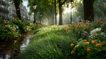 Vibrant spring garden with golden sunlight filtering through trees and glistening dewdrops on lush green grass. 