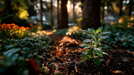 Young sapling emerging from rich soil, sunlight filtering through leaves in a detailed macro view. 
