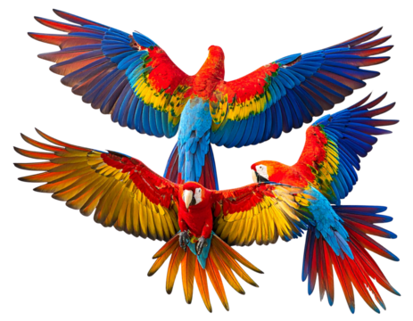 Colorful Macaw Parrots in Flight, Transparent Background