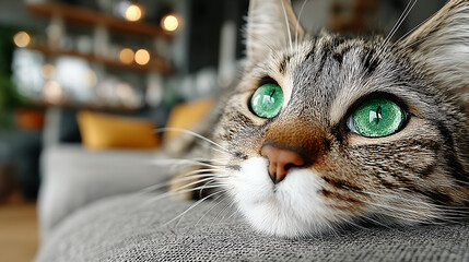 Adorable tabby cat curled up on neutral-toned fabric, bathed in soft window light. 